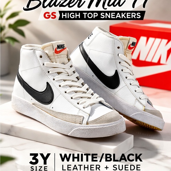 Nike Other - Nike Blazer Mid 77 GS High Top Leather Sneakers 3Y White Black